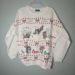 Vintage Bijo New York Christmas Sweater Ugly Sweater Sweatshirt Cats Glitter 80s